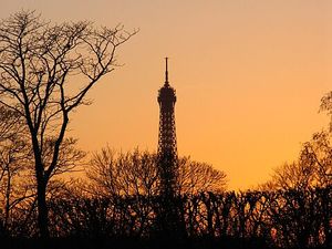 Paryż wieża Eiffla w zachodzącym słońcu