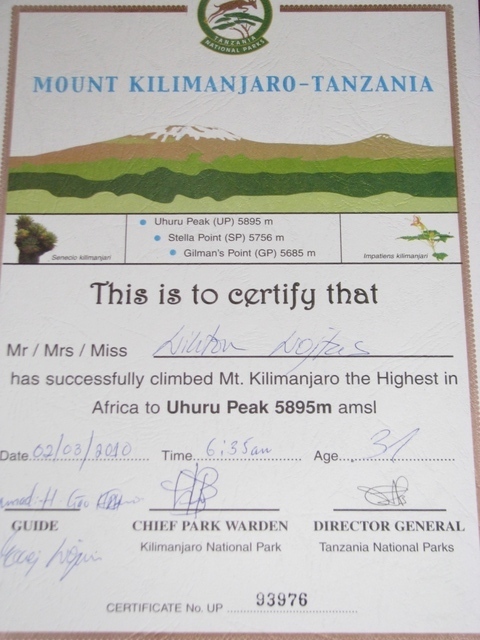 Certyfikat wejścia na Kilimandżaro