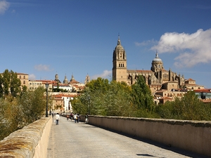 Salamanca widok na starówke i katedrę z mostu rzymskiego