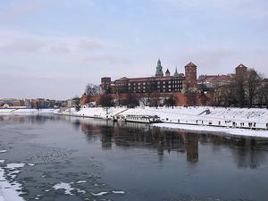 Widok na Wawel z Mostu Grunwaldzkiego.
