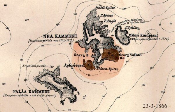 Wulkan  Nea Kameni - wewnatrz  atolu Santorini